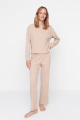 Beige Ribbed Knitted Pajama Set Thmaw21pt0009