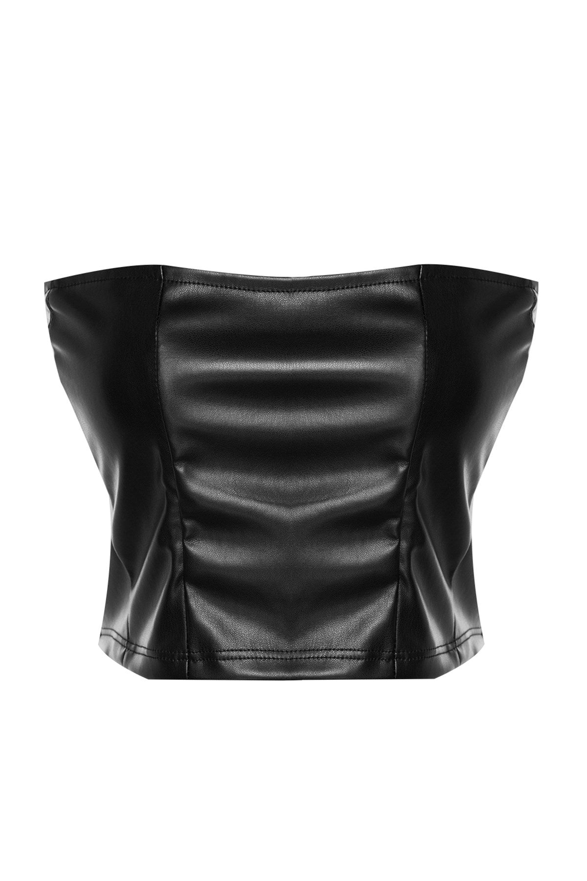 Black Faux Leather Strapless Back Zipper Crop Bustier Twoaw24bs00003