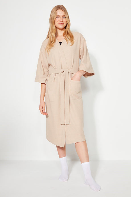 Stone Textured Belted Knitted Dressing Gown Thmss23sb00016