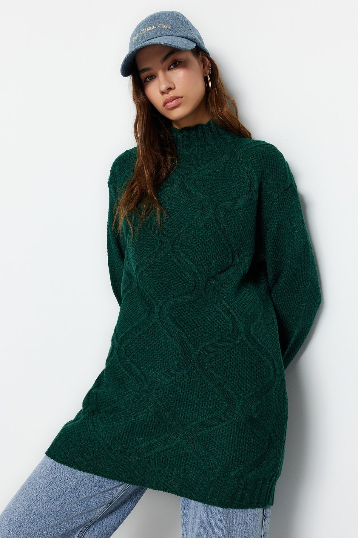 Dark Green Openwork Knit Pattern Knitwear Sweater Tctaw24ak00056