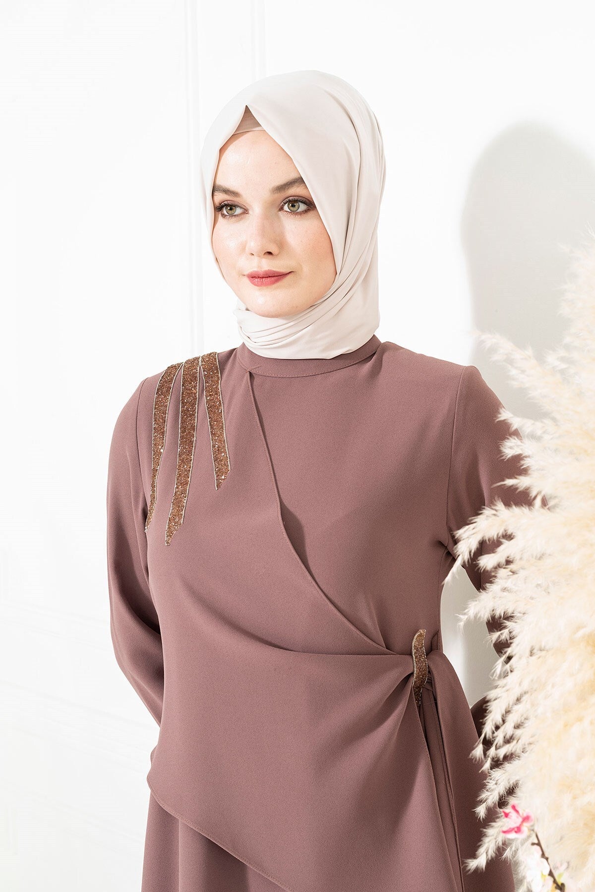 Hijab Coffee Dress 5308 T22el3m5308 With Sonay Bonding Stone Detail