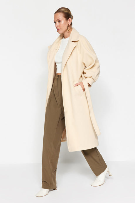 Ecru Oversize Wide Cut Belted Balloon Sleeve Detailed Long Cashmere Coat Twoaw24kb00173