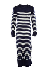 Navy Blue Striped Blouse Collar Knitwear Dress Tctaw23eb00012