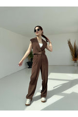 Coffee Striped Linen Vest Pants Suit 50842