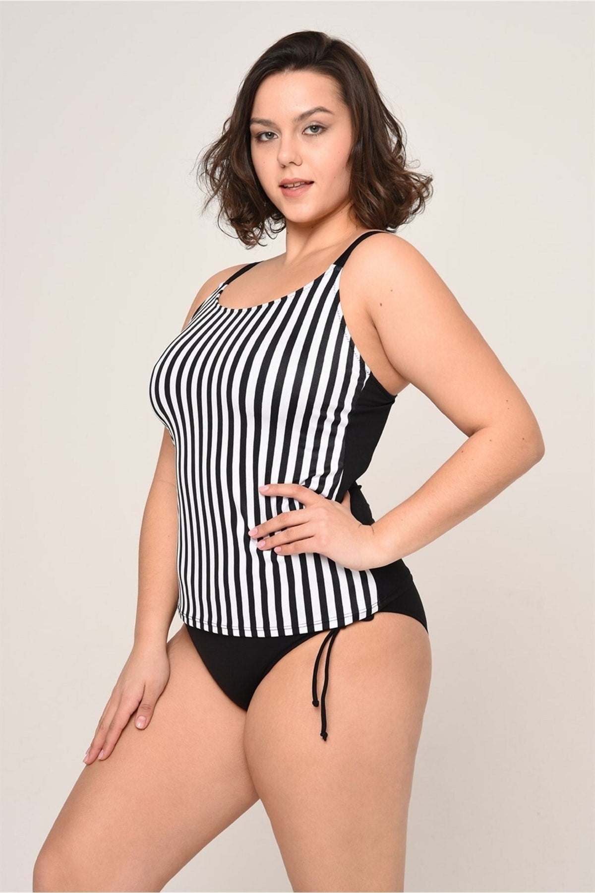 Women's Plus Size Adjustment Strap Side Sliding Black Zigzag Pattern Tankini 98980765