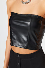 Black Faux Leather Strapless Back Zipper Crop Bustier Twoaw24bs00003