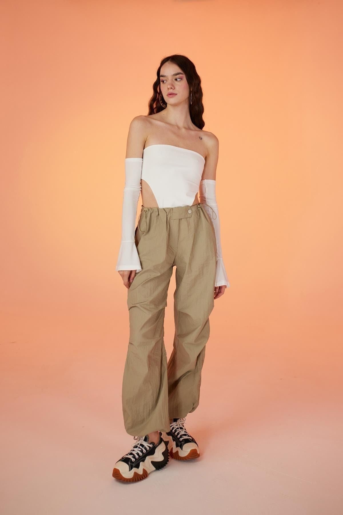 Parachute Pants With Adjustable Waist And Leg Elastic Beige Halparasutpants