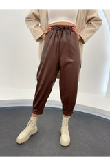 Brown Leg Pleated Leather Pants 1526