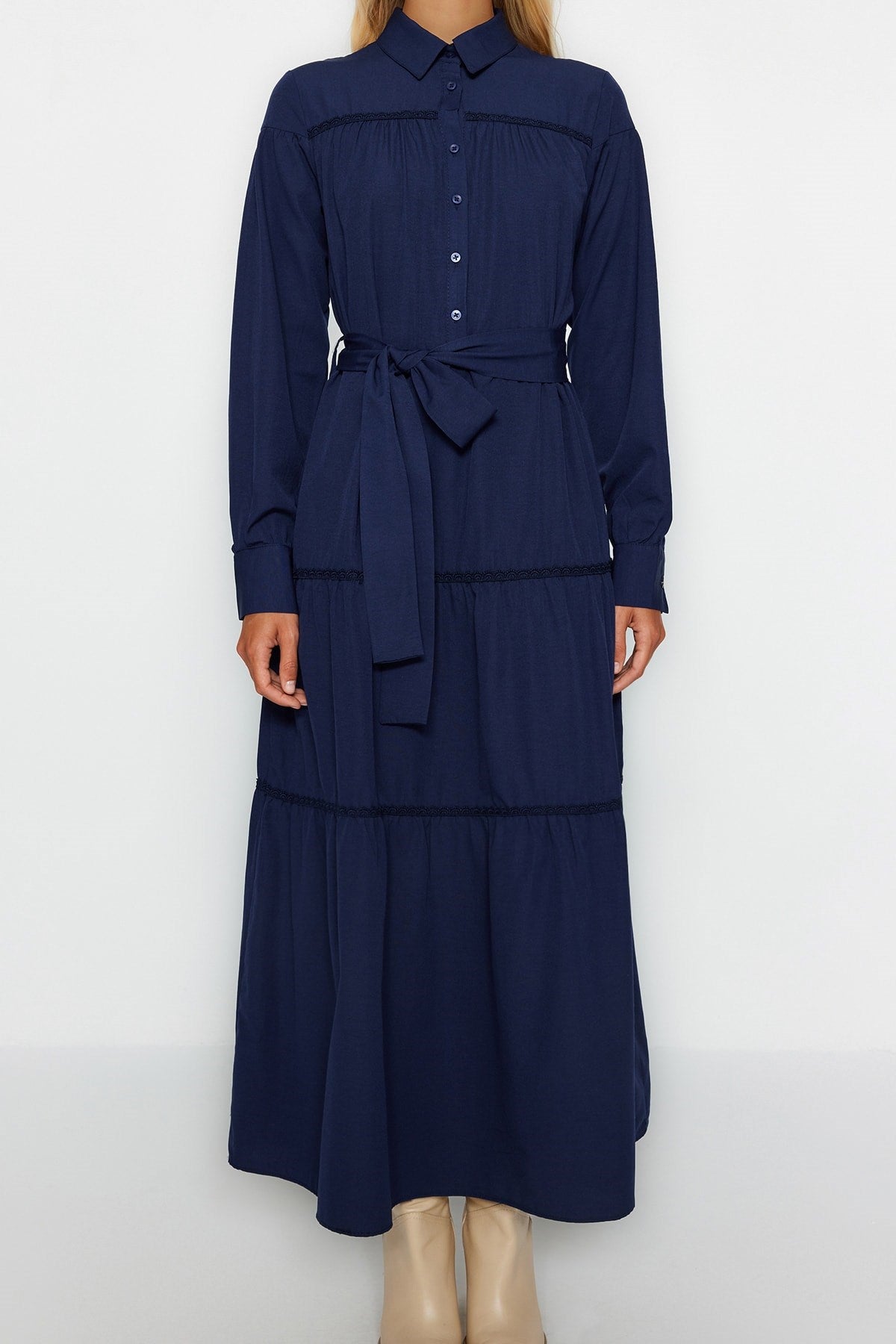 Navy Blue Belted Stripe Guipure Detailed Half Pat Cotton Woven Dress Tctss23eb00076