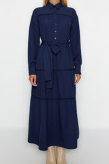 Navy Blue Belted Stripe Guipure Detailed Half Pat Cotton Woven Dress Tctss23eb00076