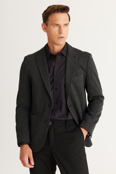 Men's Black-anthracite Slim Fit Slim Fit Swallow Collar Patterned Jacket 4a0424100029