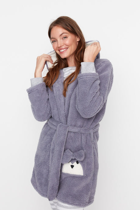 Grey Animal Figured Pocket Wellsoft Knitted Dressing Gown Thmaw21sb0011