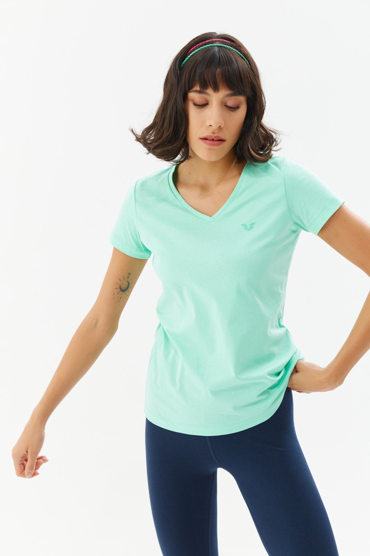 Women's Turquoise V Neck Basic 100% Cotton Casual And Sports Solid Color Short Sleeve T-shirt 8087 T