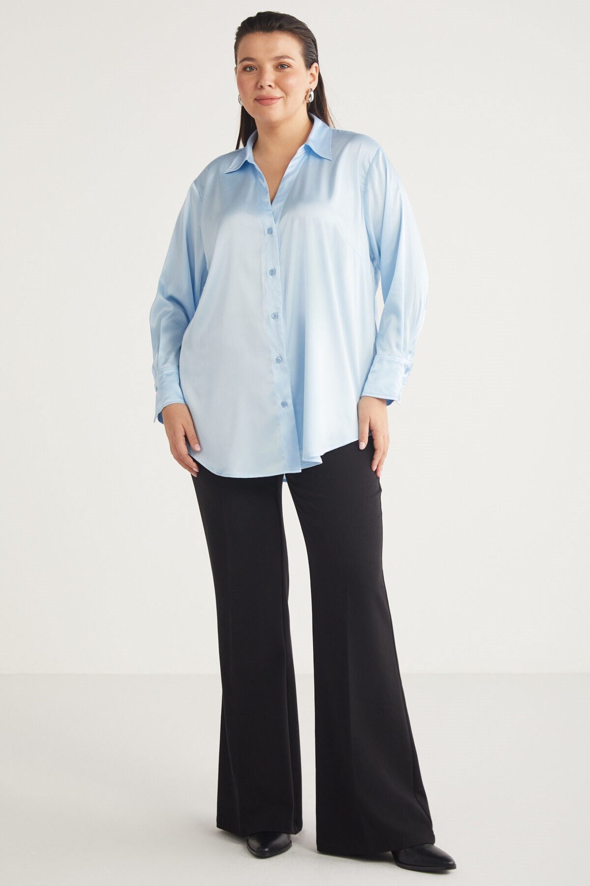 Alainabb Women's Plus Size Lycra Satin Look Cuff Wide Cut Shirt Alainabb01112023