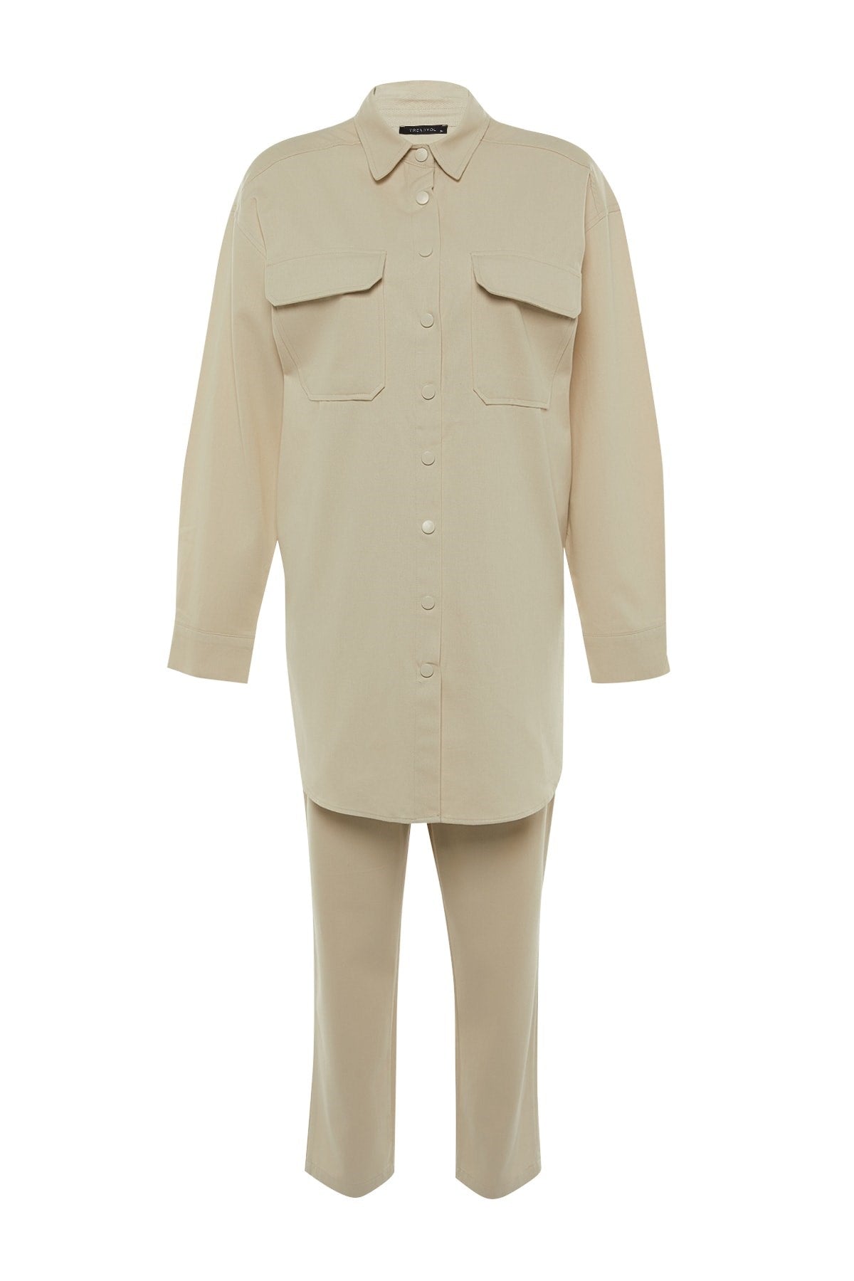 Cream Pocket Detailed Snap Closure Shirt-pants Woven Suit Tctaw22us0013