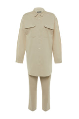 Cream Pocket Detailed Snap Closure Shirt-pants Woven Suit Tctaw22us0013