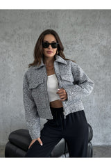 Grey Bouclet Bomber Jacket 24k54458