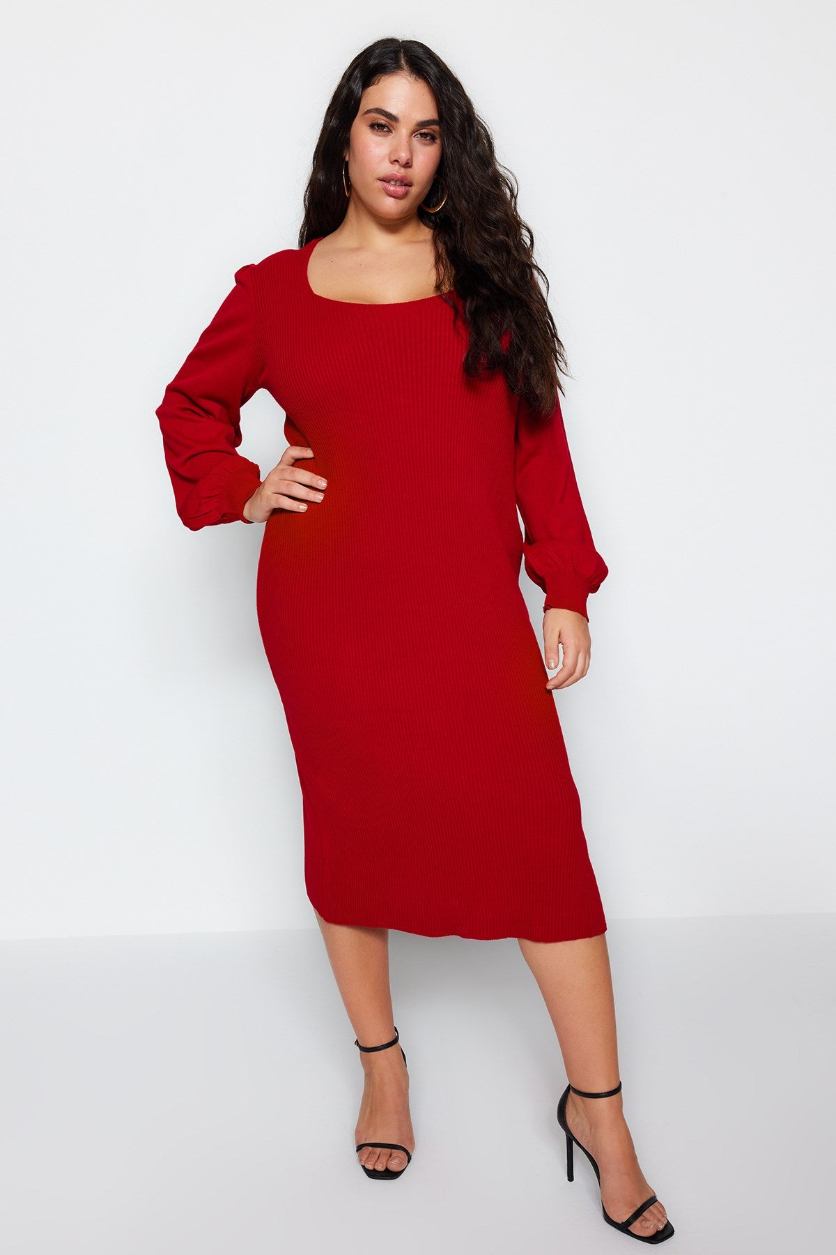 Red Plain Bodycone Midi Knitwear Plus Size Dress Tbbaw23ah00032