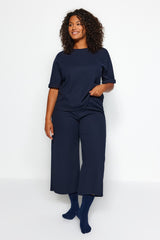 Navy Blue Textured Knitted Bottom Top Suit Tbbaw24cp00020