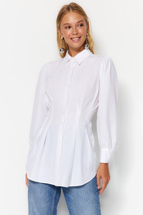 White Seated Pearl Detailed Woven Shirt Tctaw24tg00027