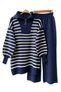 Balloon Sleeve Striped Half Zipper Navy Women's Sweater Duo Suit Txf33dac631528