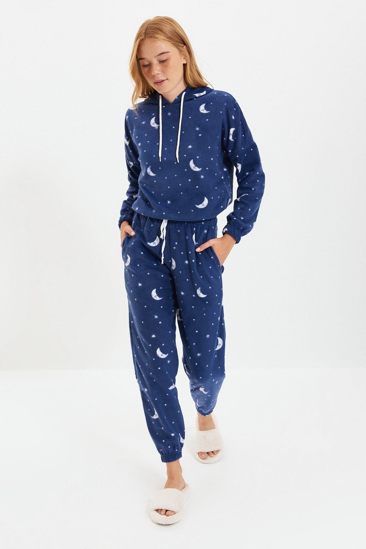 Navy Blue Hooded Galaxy Pattern Fleece Knitted Sleepwear Set Thmaw22pt0365