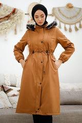 Biye Detail Waist Ruffled 0021 Coat - Brown Ms00or0021