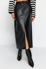 Black Slit Faux Leather High Waist Maxi Knitted Skirt Twoaw24et00198