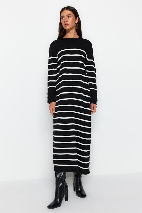 Black Sleeves Button Detailed Striped Knitwear Dress Tctaw24eb00002