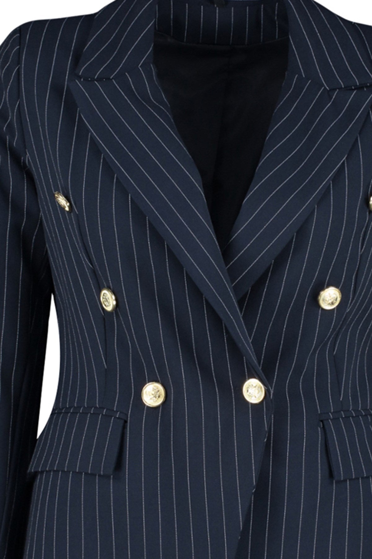 Navy Blue Striped Button Detailed Woven Jacket Tbbaw24ag00027