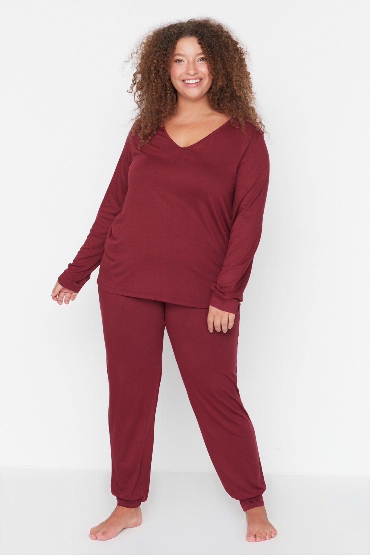 Burgundy Suprem V Neck Knitted Pajama Set Tbbaw23ai00007