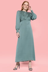 Water Green Cuff And Shoulder Buttoned Satin Evening Dress Tctss23db00009