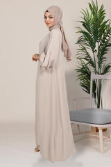 Oriental Sleeves Pli And Pearl Detailed Beige Hijab Dress 5458 T23el3m5458