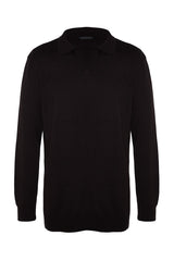 Men's Black Regular Fit Polo Neck Openwork And Line Detailed Cotton Knitwear Sweater Tmnaw24kz00068