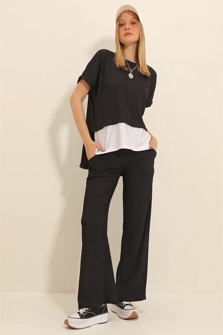 Women's Black Crew Neck Skirt Garnished Blouse And Palazzo Pants Double Crinkle Suit Alc-x11340