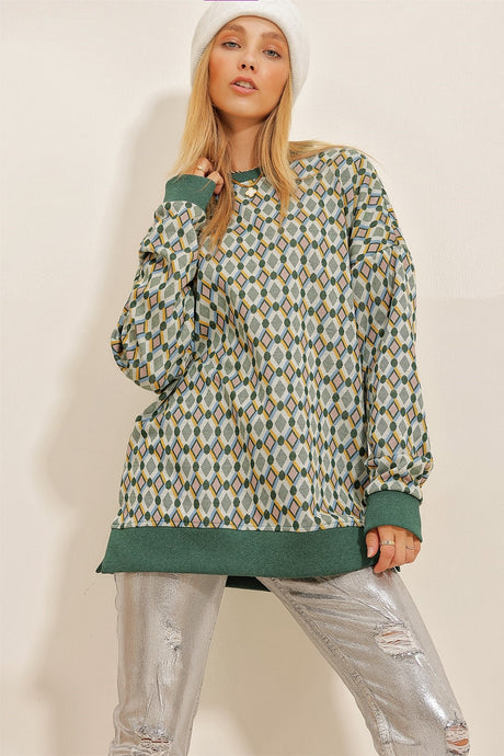 Women's Green Crew Neck Ethnic Pattern Slit Sweatshirt Alc-x10878