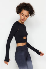 Black Seamless/seamless Crop Thumb Hole And Window/cut Out Detailed Sports Blouse Thmaw24bz00019