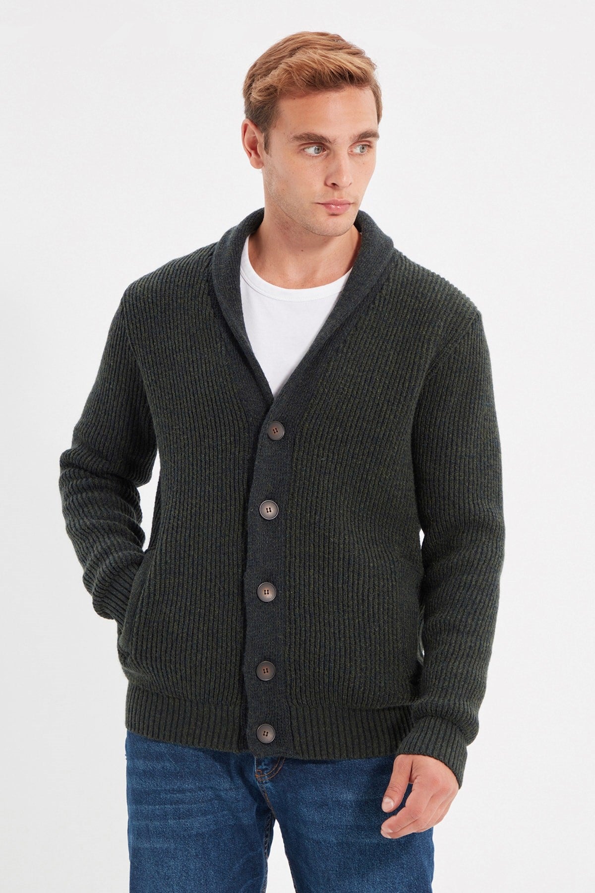 Khaki Men Regular Fit Wrap Collar Knitwear Cardigan Tmnaw22hi0134