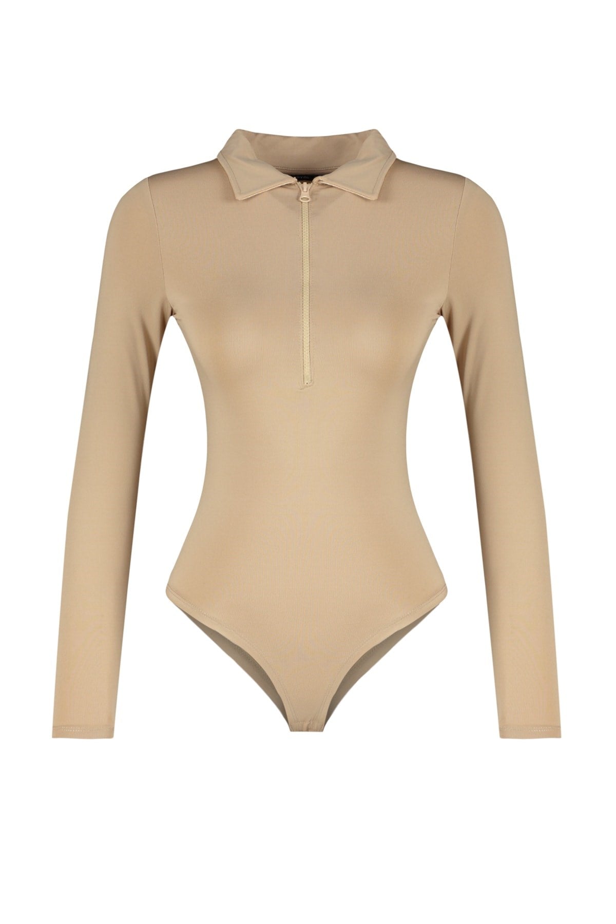 Beige Zipper Collar Detailed Snappy Knitted Bodysuit Twoaw24bd00005