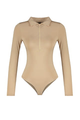 Beige Zipper Collar Detailed Snappy Knitted Bodysuit Twoaw24bd00005