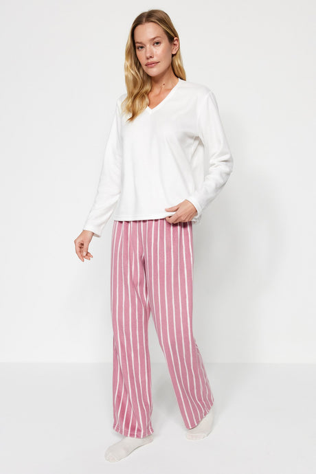 White Striped Fleece Tshirt - Pants Knitted Pajama Set Thmaw24pt00031