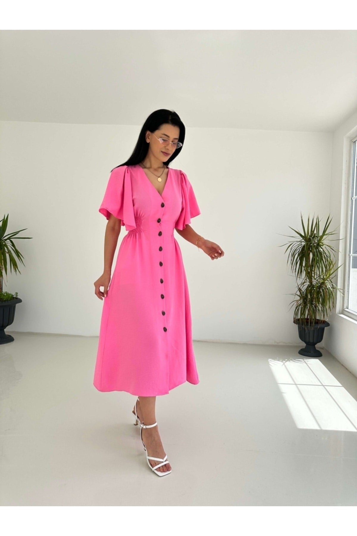 Pink Sleeves Ruffled Waist Elastic Dress 55781