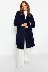 Navy Blue Wellsoft Back Detailed Hooded Knitted Dressing Gown Thmaw24sb00024