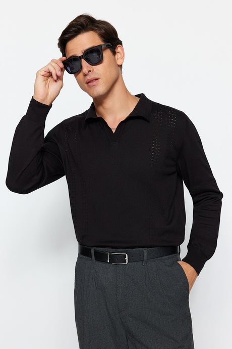 Men's Black Regular Fit Polo Neck Openwork And Line Detailed Cotton Knitwear Sweater Tmnaw24kz00068