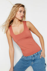 Cinnamon Square Collar Fitted/body Fit Flexible Knitted Tank Top Twoss23al00037