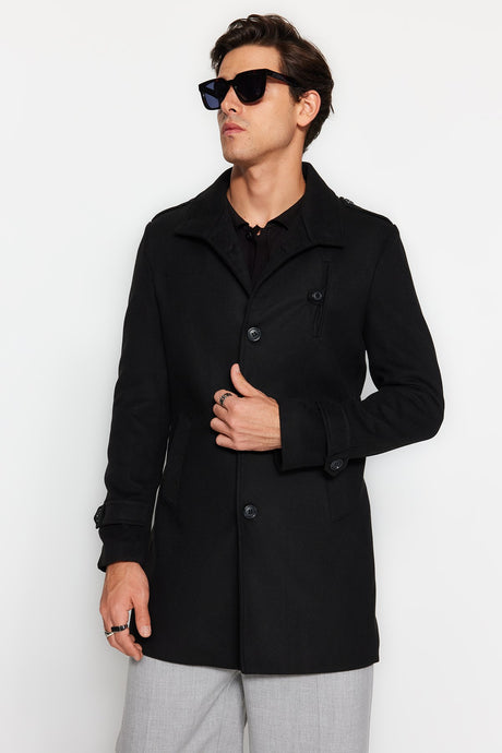 Black Mens Slim Fit Slim Fit Solid Collar Cache Coat Tmnaw24kb00006