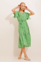 Women's Green V Neck Front Buttoned Patterned Viscose Woven Dress Alc-x10226