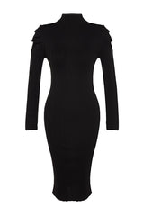 Black Midi Knit Shoulder Ruffle Dress Twoaw24el00231