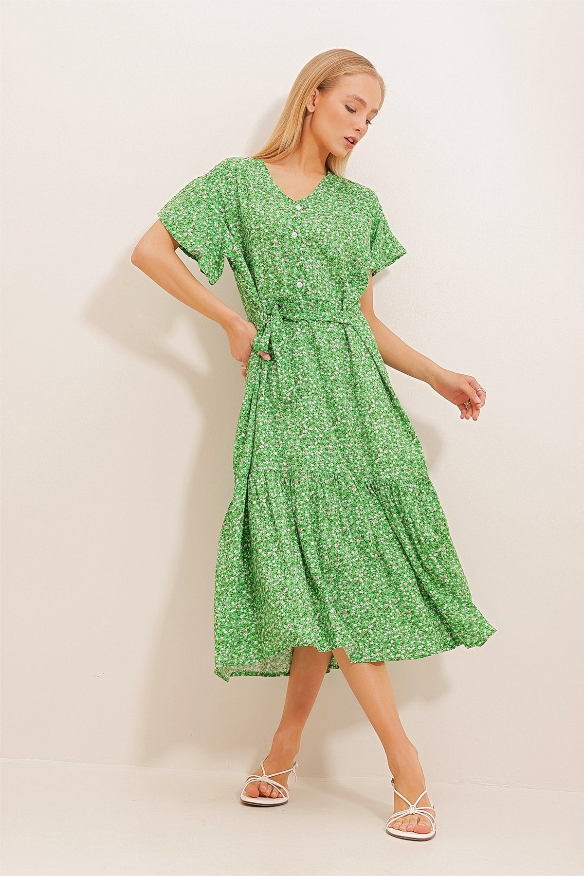 Women's Green V Neck Front Buttoned Patterned Viscose Woven Dress Alc-x10226