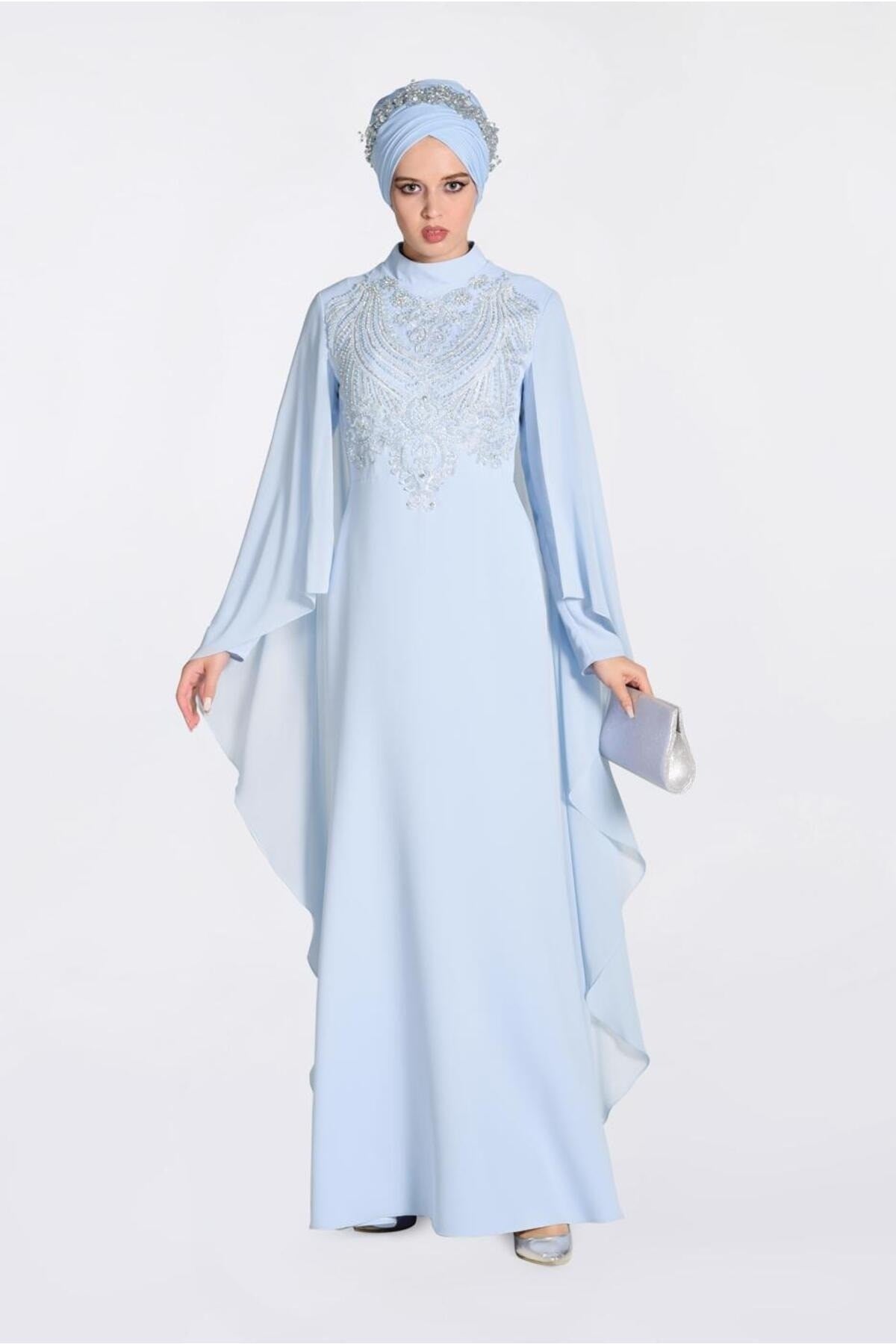 Women's Blue (ice Blue) Embroidered Cape Evening Dress 5514 19yabltr5514